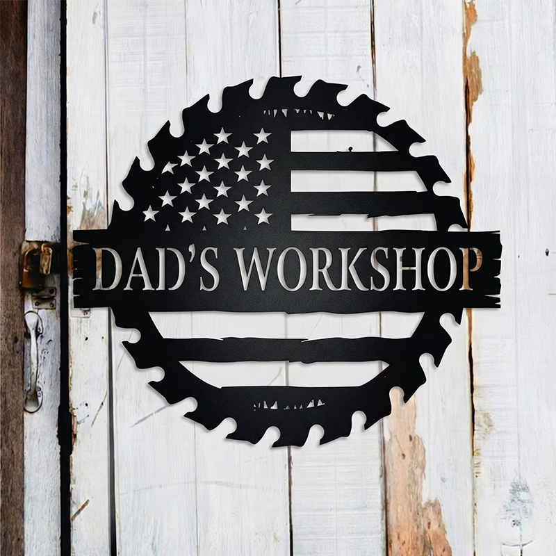Personalized Metal Sign for Dad Custom Papa's Workshop Sign Patriotic USA Waving Flag Flag Sign Sawblade Gift for Dad Grandpa