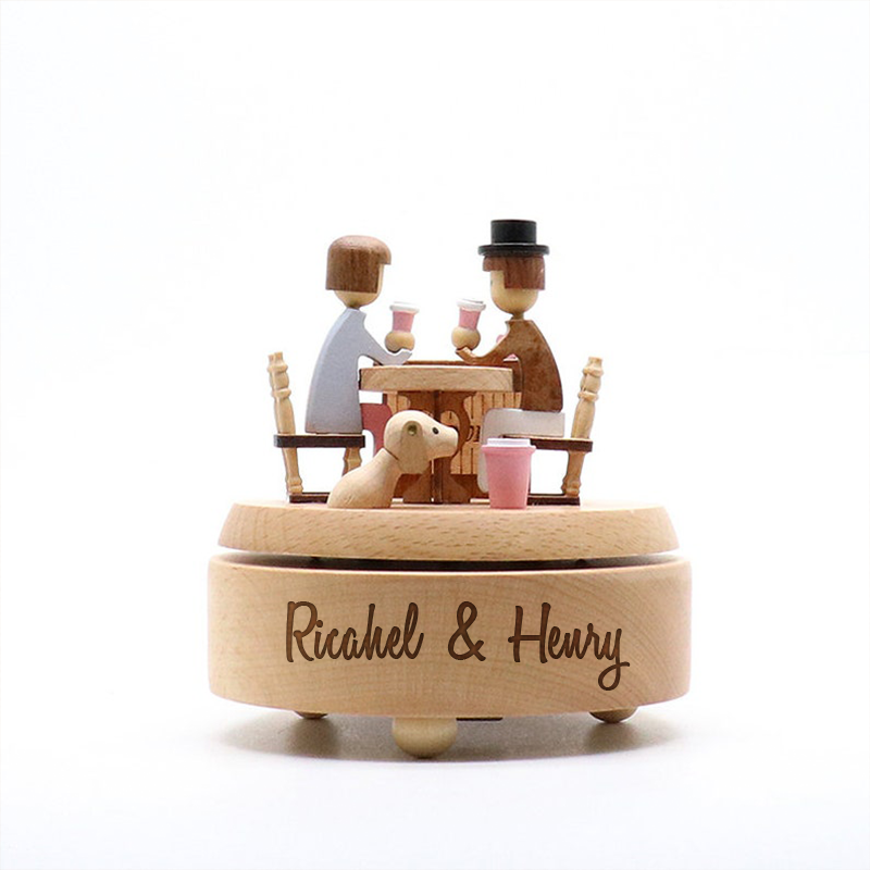Personalized Wooden Music Box Afternoon Latte Rotating "Love Story" Couple Anniversary Gift