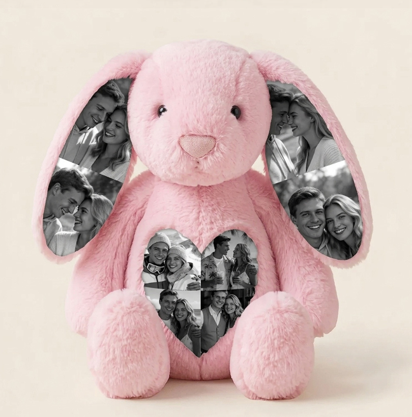 Personalized Photo Bunny Plush  Custom Hidden Ear Stuffed Animal Memory Keepsake Rabbit Gift for Couples Bestie