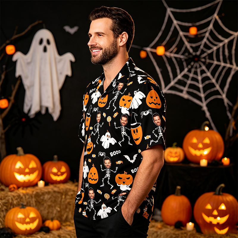 Personalized Face Halloween Hawaiian Shirt, Personalized Skeleton Shirt with Photo, Spooky Ghost Pumpkin Bat Button Down, Funny Halloween Gift