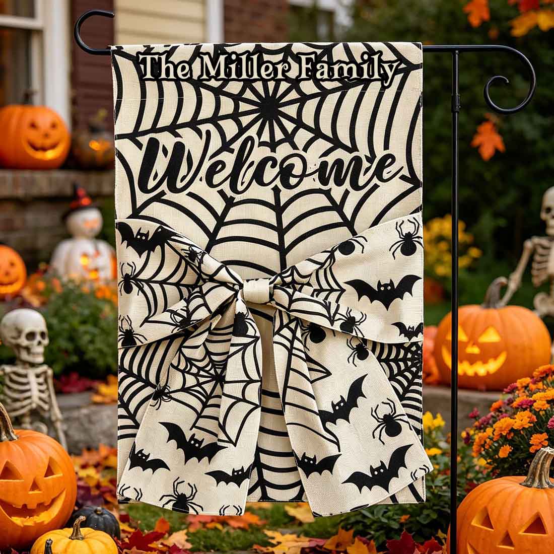 Personalized Halloween Garden Flag Spider Web & Bat Design with Custom Family Name Welcome Yard Decor with 3d Bow