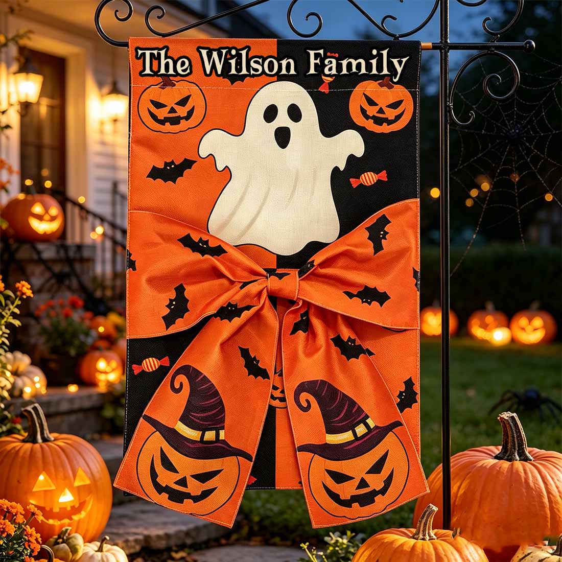 Personalized Halloween Ghost Garden Flag Custom Family Name with Pumpkins Bats & 3D Bow Festive Yard Decor