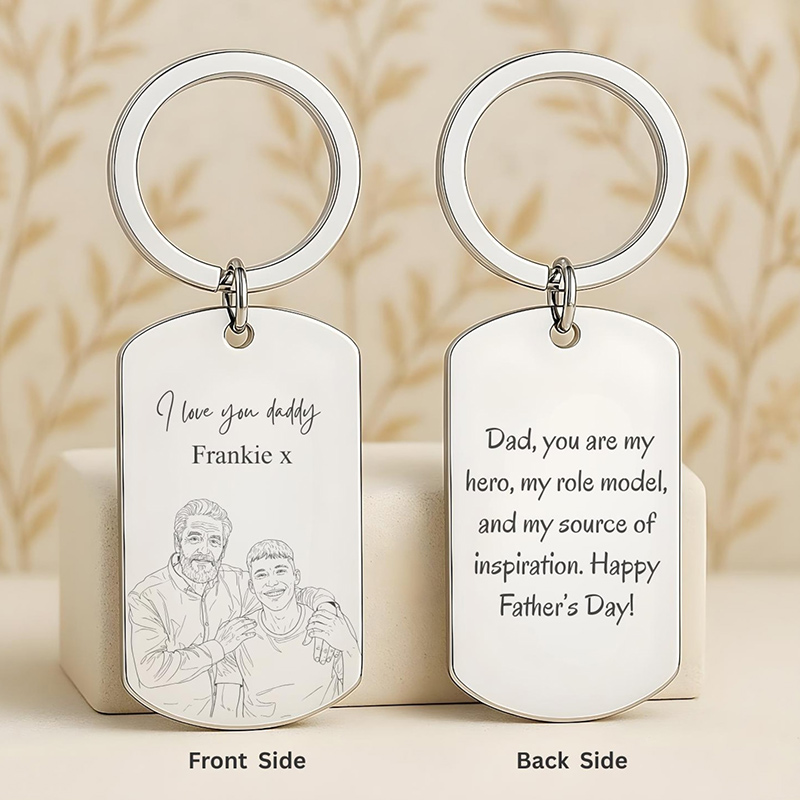 Personalized Photo Keychain Custom Engraved Sketch Keyring for Dad Memorial Stainless Steel Keepsake Birthday Gift for Him