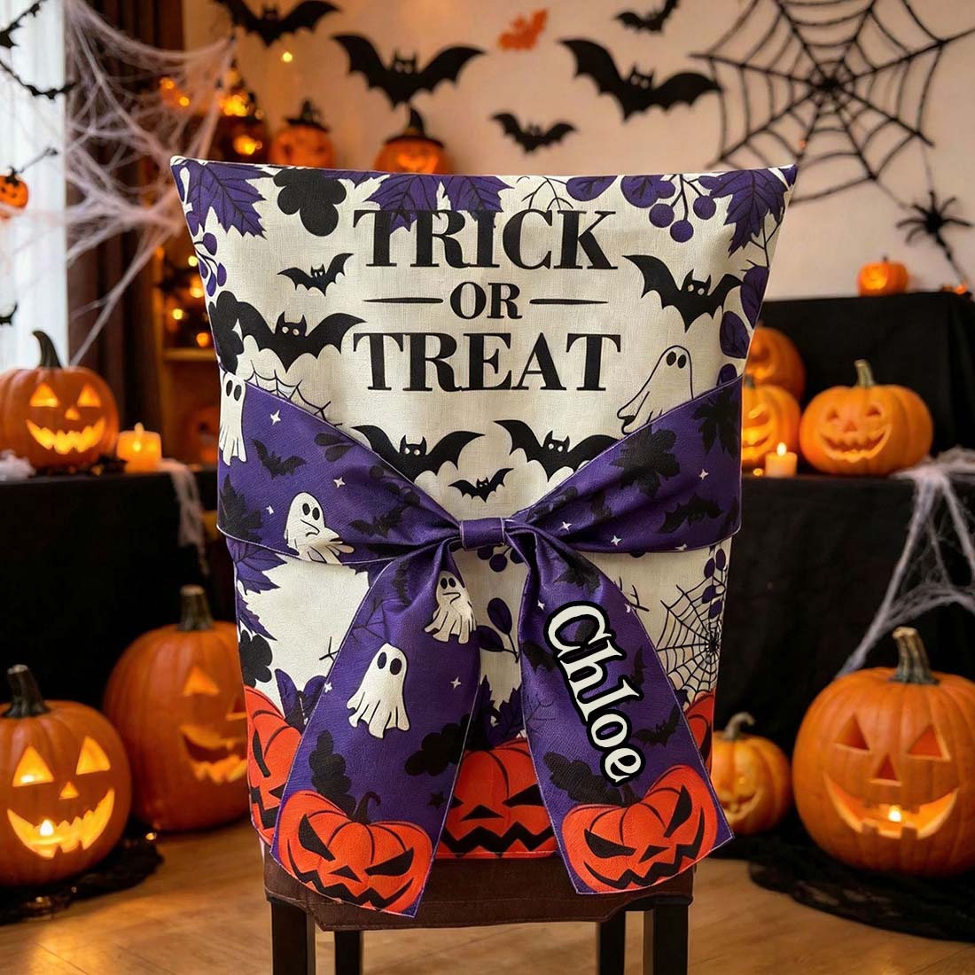 Personalized Trick or Treat Halloween Chair Cover  Ghost Bat & Pumpkin Design with Custom Name 3D Bow Dining Decor Set