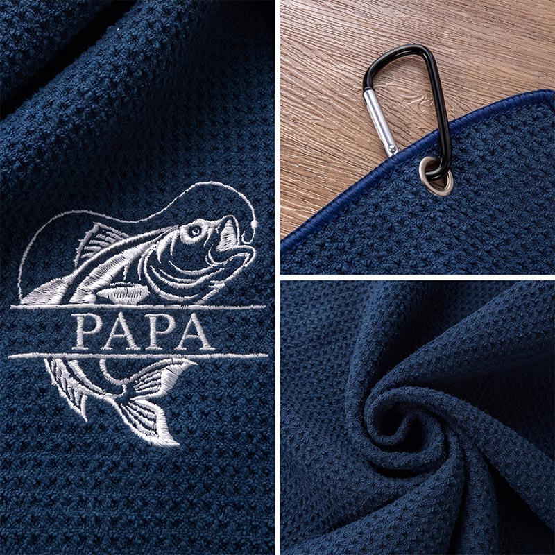 Personalized Dad Fishing Waffle Towel Monogram Embroidery Waffle Towel with Name and Hanging Clip Birthday Gift for Dad Grandpa Fishing Enthusiasts