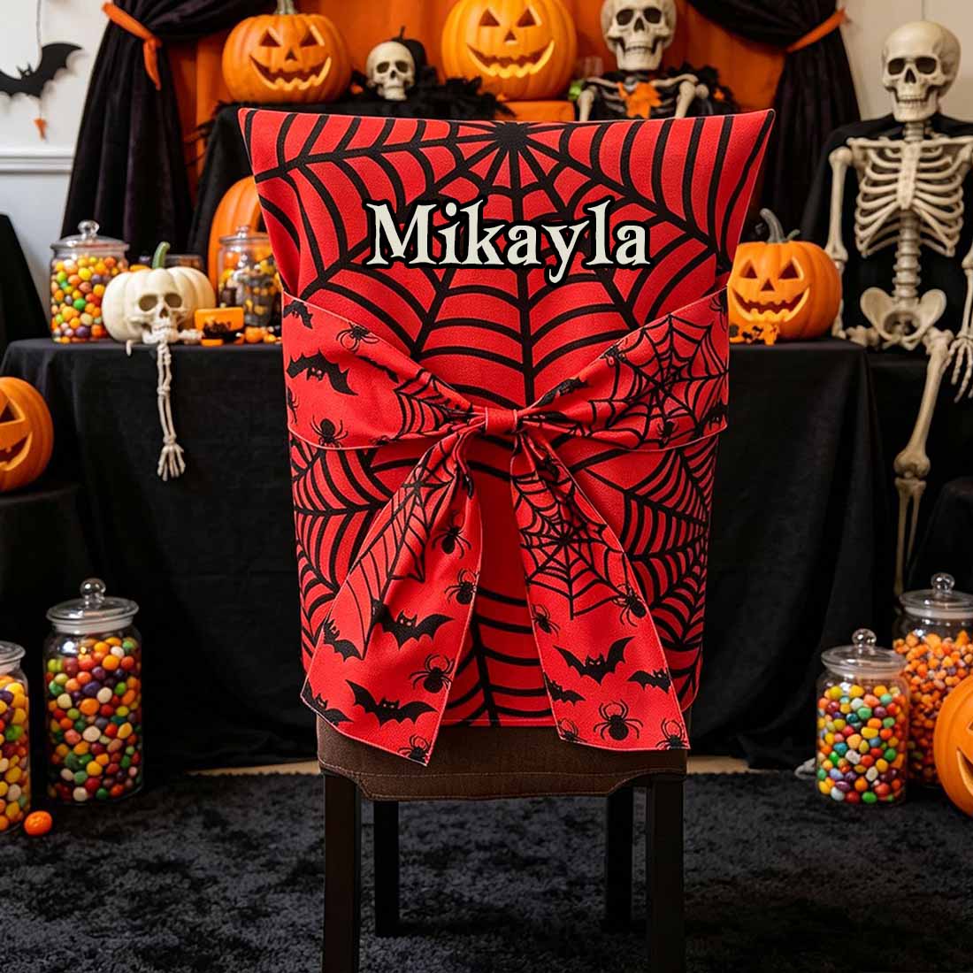 Personalized Halloween Spider Web Chair Cover Orange & Black Bat Design with Custom Name & 3D Bow Dining Party Decor
