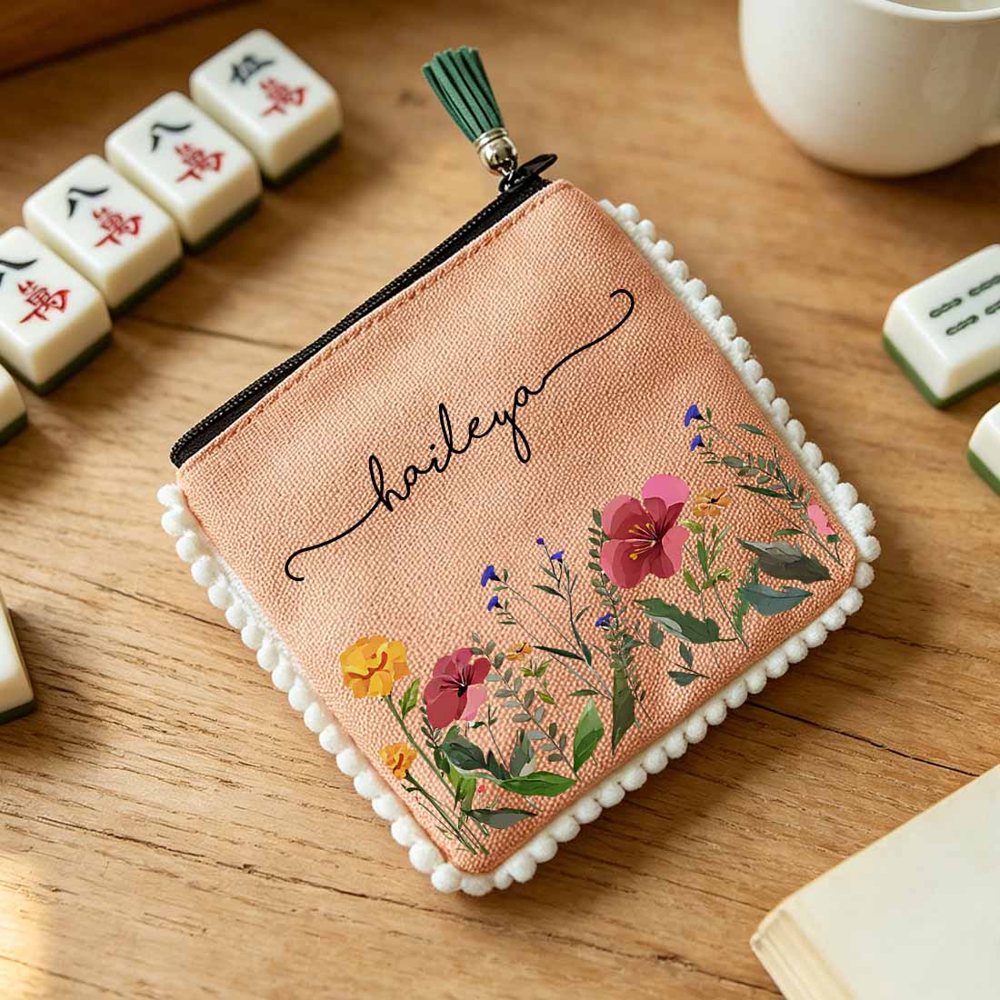 Personalized Birth Flower Dice Bag Custom Name Floral Zipper Pouch with Pom Pom Trim & Tassel  Game Night Gift for Mahjong Board Games & More