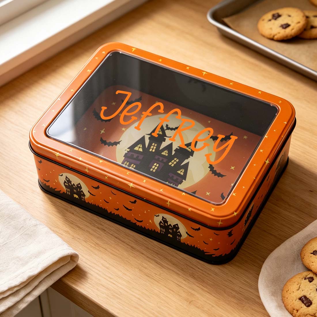Personalized Halloween Candy Tin Box Custom Name Cookie & Treat Container with Window Lid Spooky Gift Box for Kids