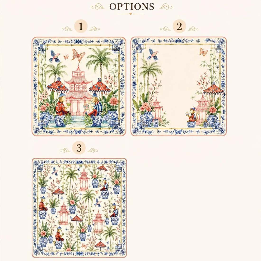 Chinoiserie Monkey Mahjong Mat Pink Pagoda Garden Game Mat Blue White Ginger Jar