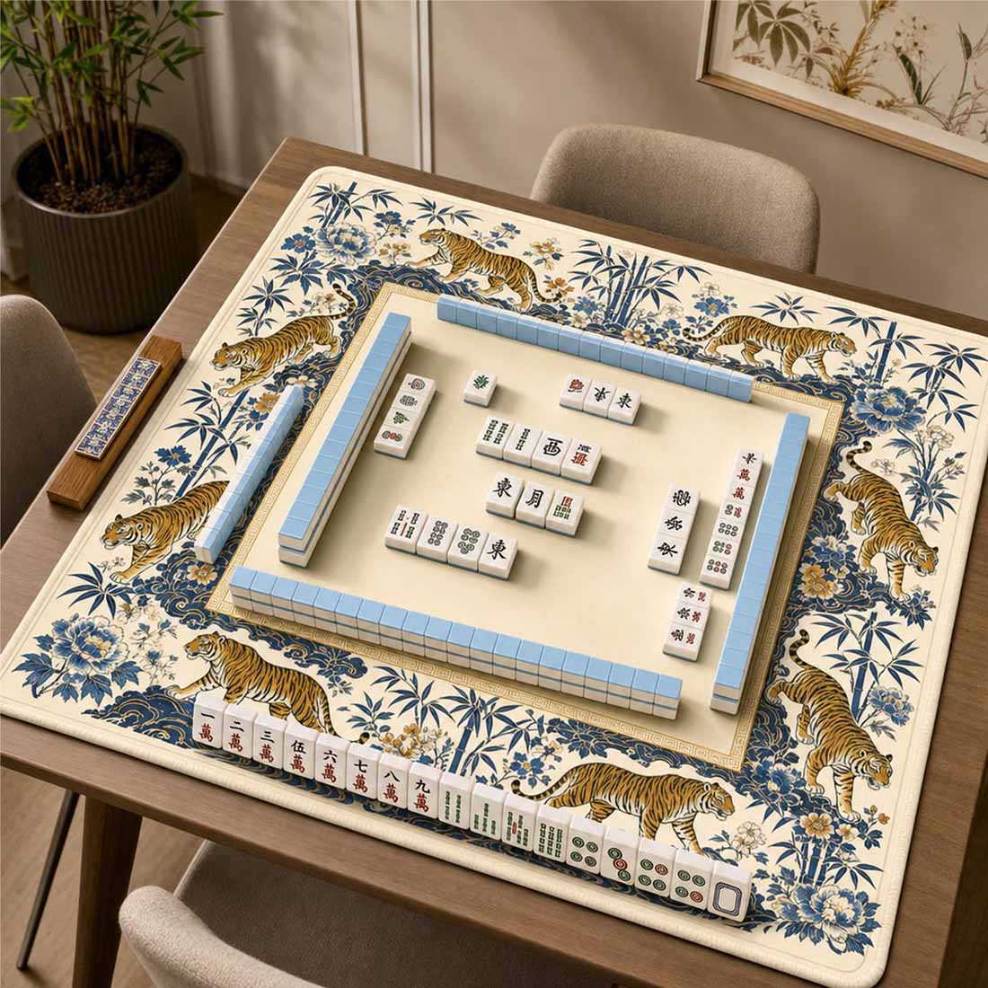 Tiger & Peony Mahjong Mat Blue and Gold Chinoiserie Game Mat with Non Slip Rubber Base