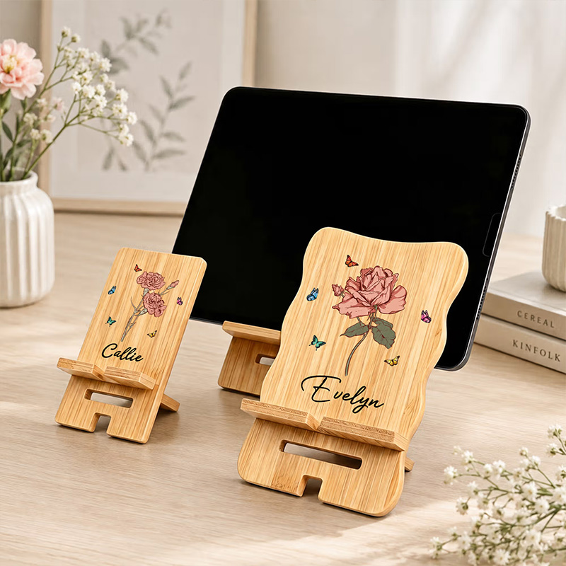Personalized Retro Birth Flower Butterfly Wooden Phone Holder with Name Custom Grandma Mom Phone Holder Office Home Daily Use Birthday Gift for Family