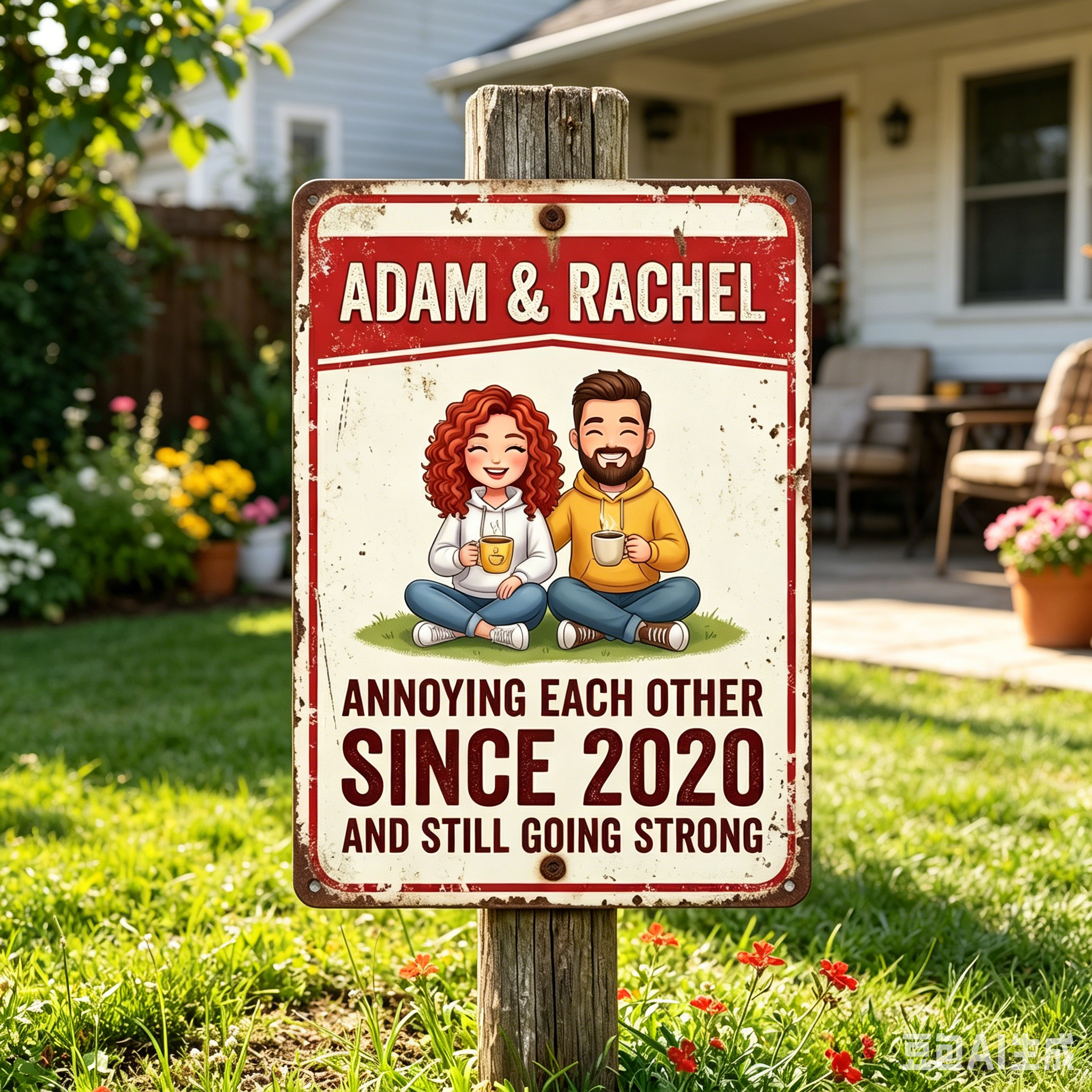 Personalized Cartoon Couple Metal Sign Annoying Each Other for Many Years Couple Backyard Sign with Name Personalized Custom Classic Metal Signs 