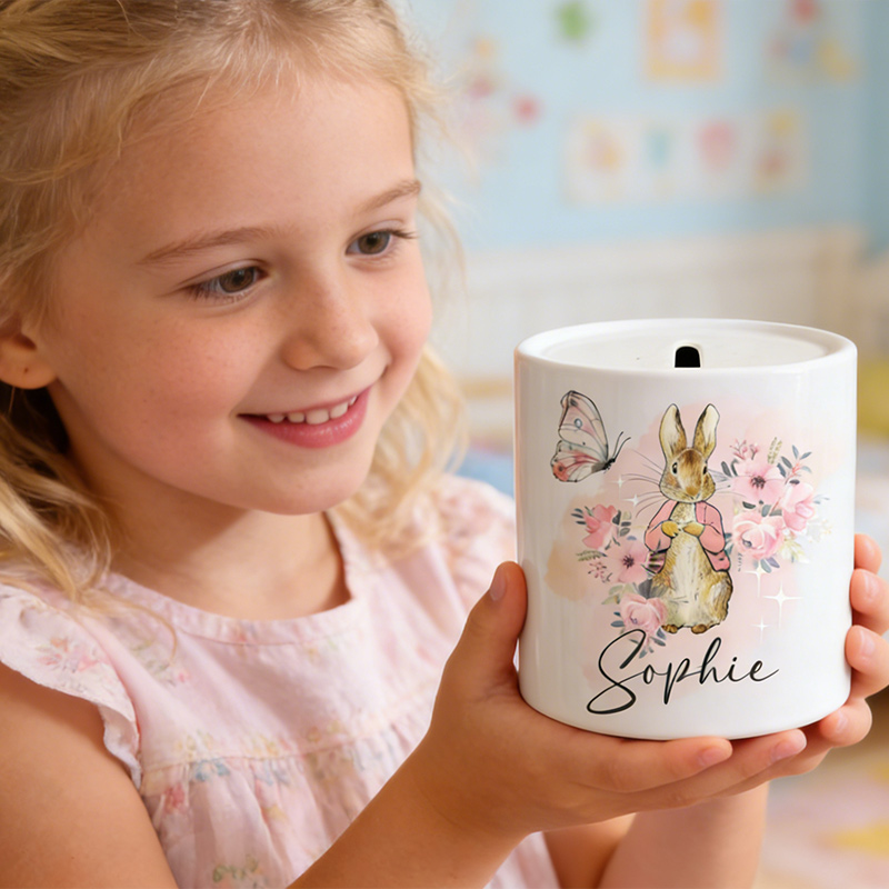 Personalized Easter Bunny Money Bank Custom Name Ceramic Coin Jar for Kids Spring Gifts