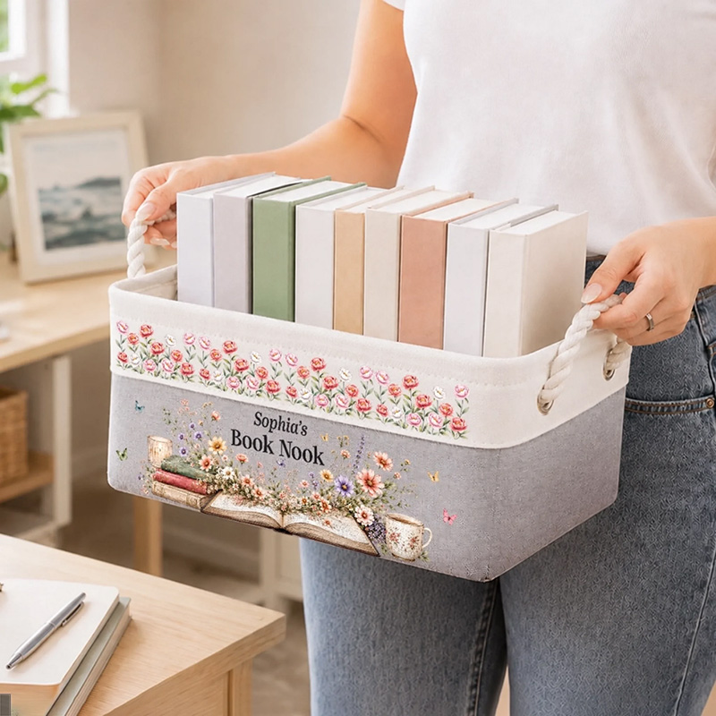 Personalized Book Storage Basket Custom Birth Flower Book Basket With Name Bookish Gifts For Book Lovers Bookworms Happiness Is A Full Bookshelf