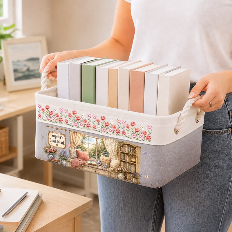 Personalized Birth Flower Book Storage Basket with Name Custom Bookish Gifts For Book Lovers Bookworms Readers Where Peonies And Books Greet You