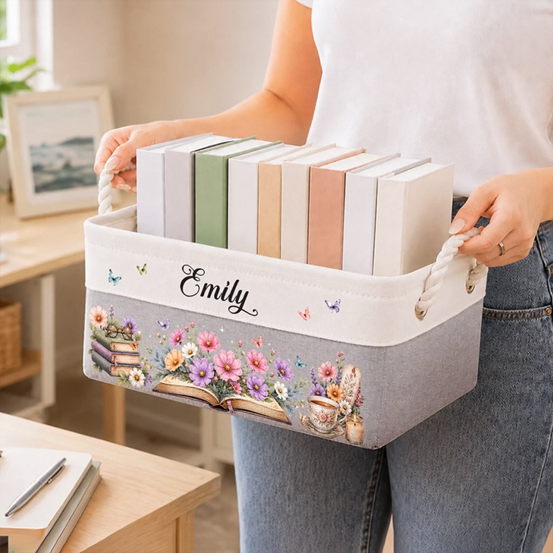 Personalized Birth Flower Book Basket With Name Custom Floral Canvas Storage Bin Book Lovers Gift Organizing Basket Gift For Librarian