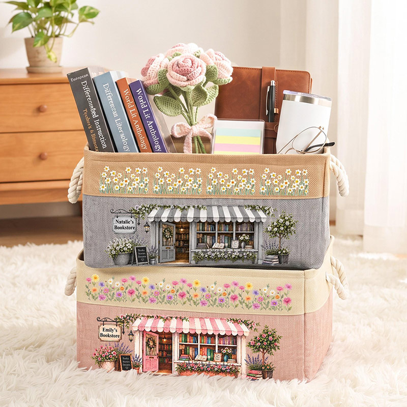 Personalized Birth Flower Book Basket With Name Floral Canvas Storage Bin Book Lover Decor Personalized Organizing Basket Gift For Librarian