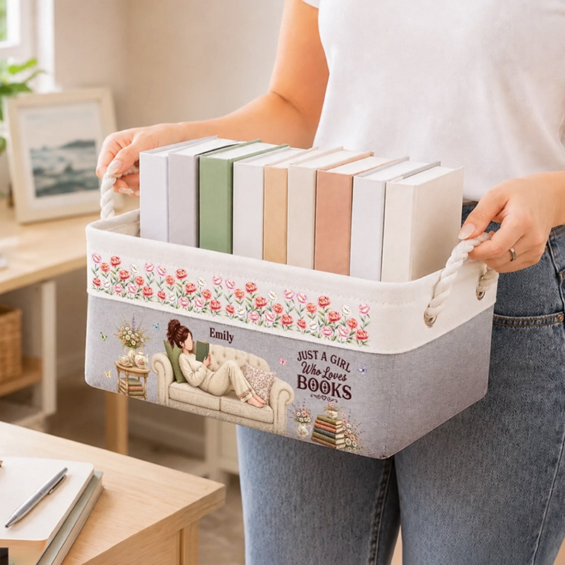 Personalized Book Storage Basket with Birth Flower Custom Name Organizing Basket Floral Canvas Storage Bin Gift For Book Lovers Librarian