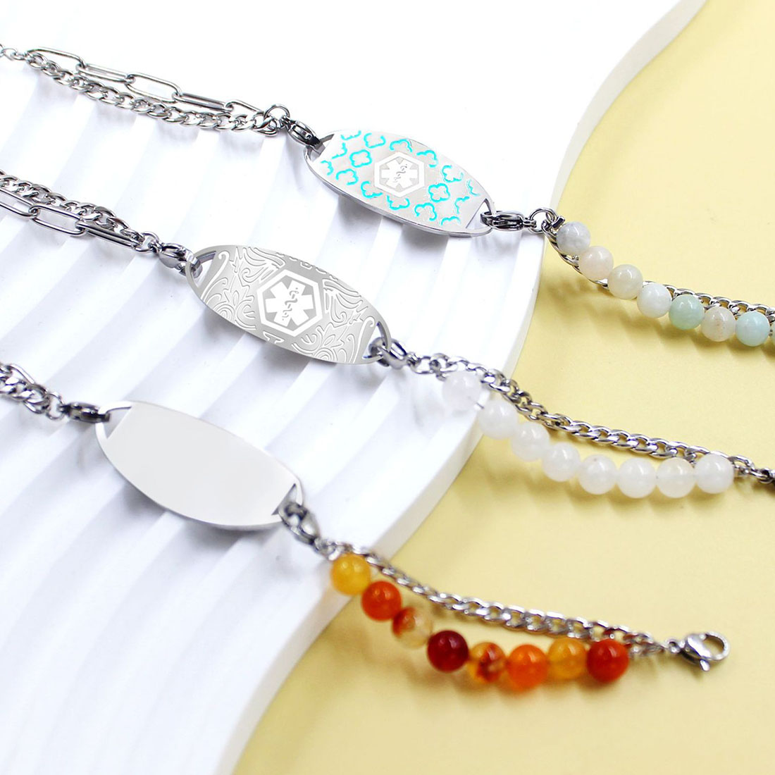 Personalized Medical Emergency Alert ID Beaded Bracelet with Engraved Text First Aid for Allergy Diabetic Women