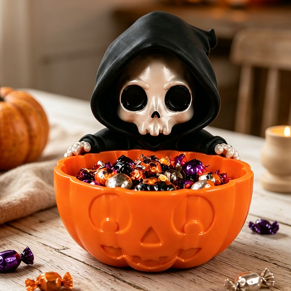 This adorable hooded grim reaper clings to the edge of a carved pumpkin bowl, ready to protect your goodies with the cutest death stare ever. Use it as a candy dish, succulent planter, jewelry tray, or catch-all for keys and coins — one piece, endless spo