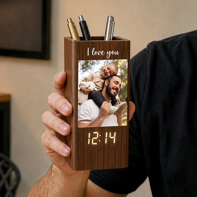 Personalized Photo Pen Holder With Clock Custom Birthday Gifts For Dad Grandpa Loved Guided And Inspired By Dad