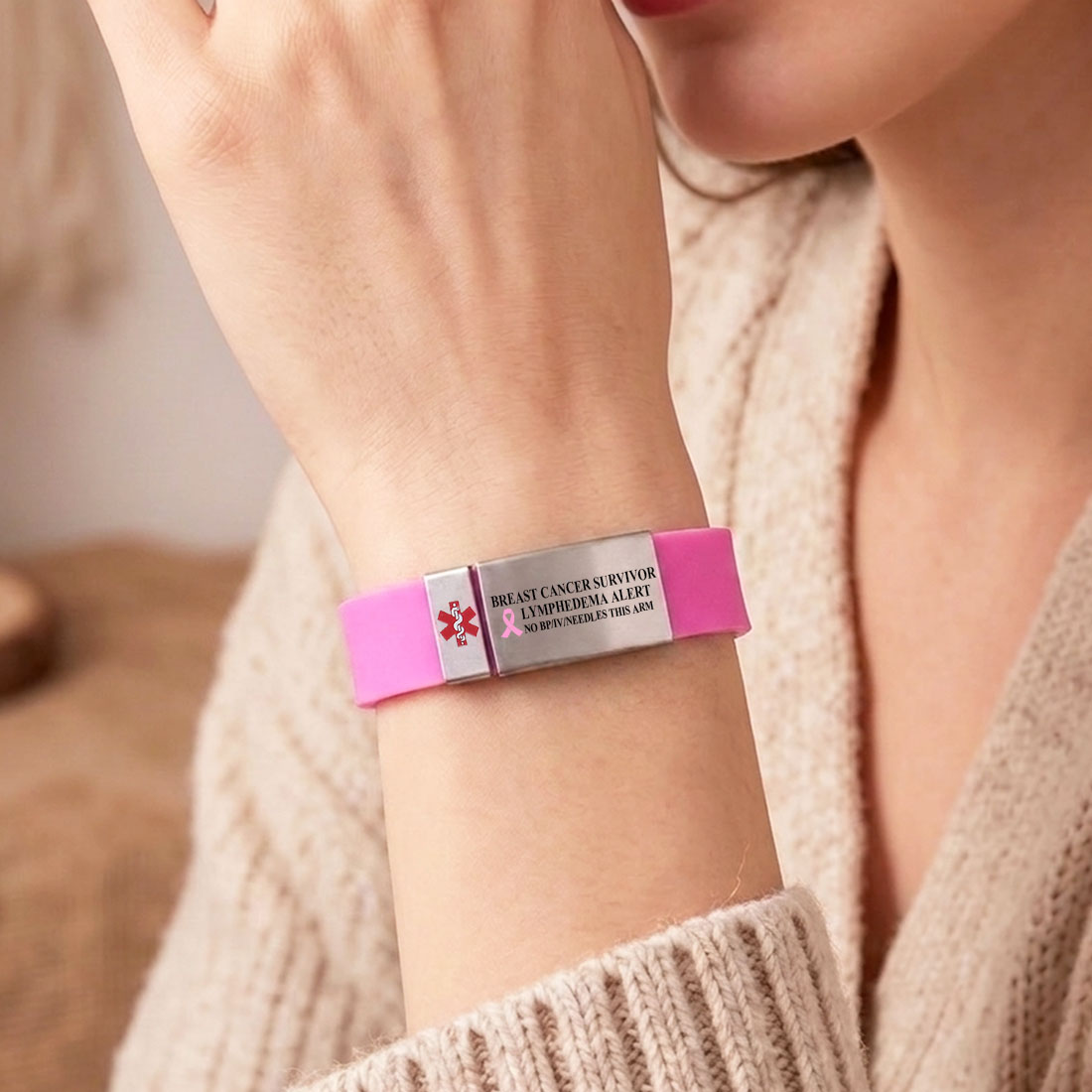 Personalized Pink Ribbon Bow Lymphedema Medical Alert Bracelet Silicone Wristband & Stainless Steel ID Tag Gift for Breast Cancer Woman