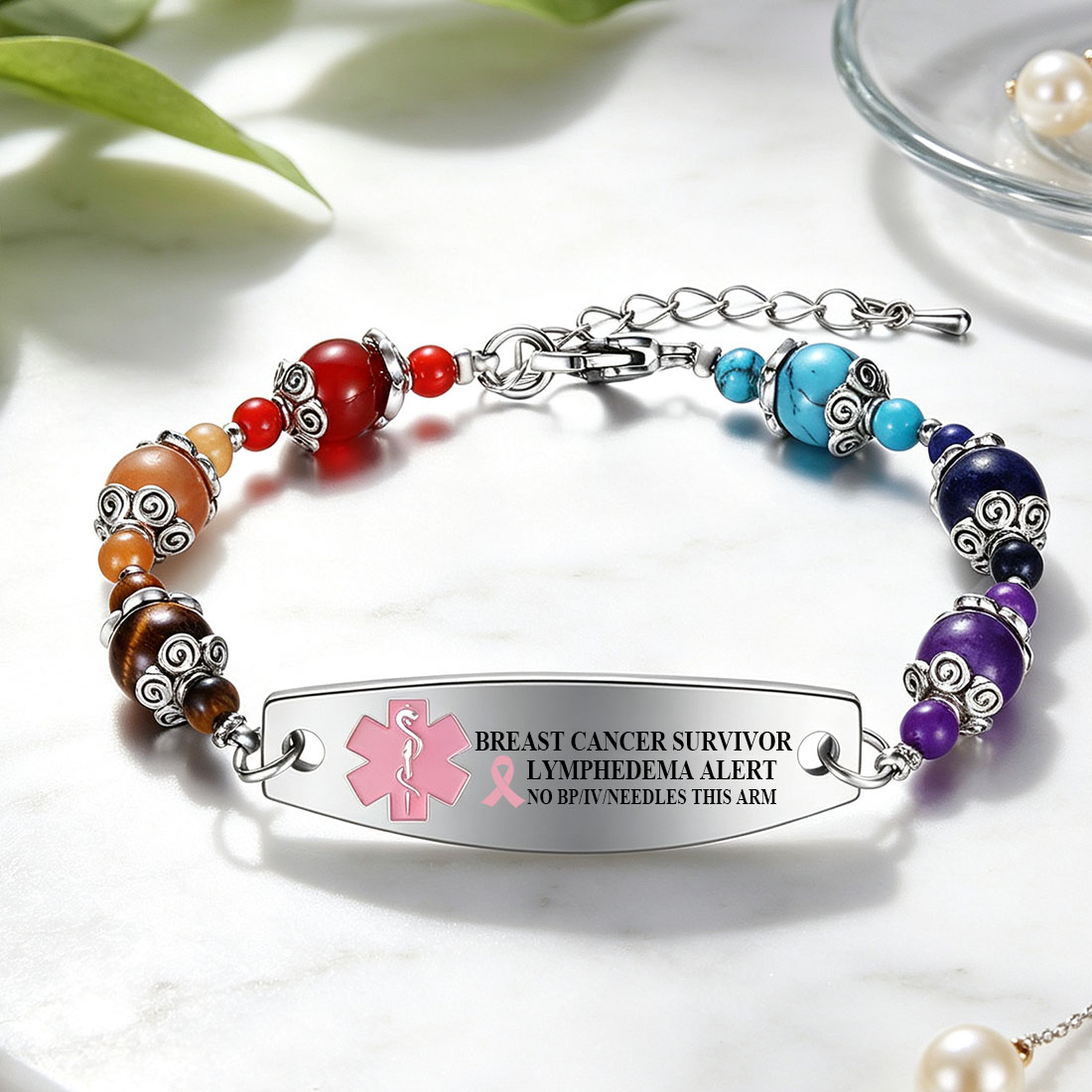 Personalized Colored Chalcedony Medical Emergency Alert ID Beaded Bracelet with Engraved Text and Title Emergency Jewelry Care Gift for Breast Cancer Woman