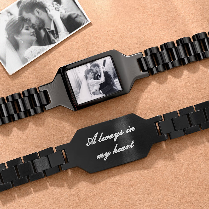 Personalized Heat-Reactive Photo Bracelet with Engraved Text Custom Meaningful Birthday Holiday Father's Day Gift for Dad Brother