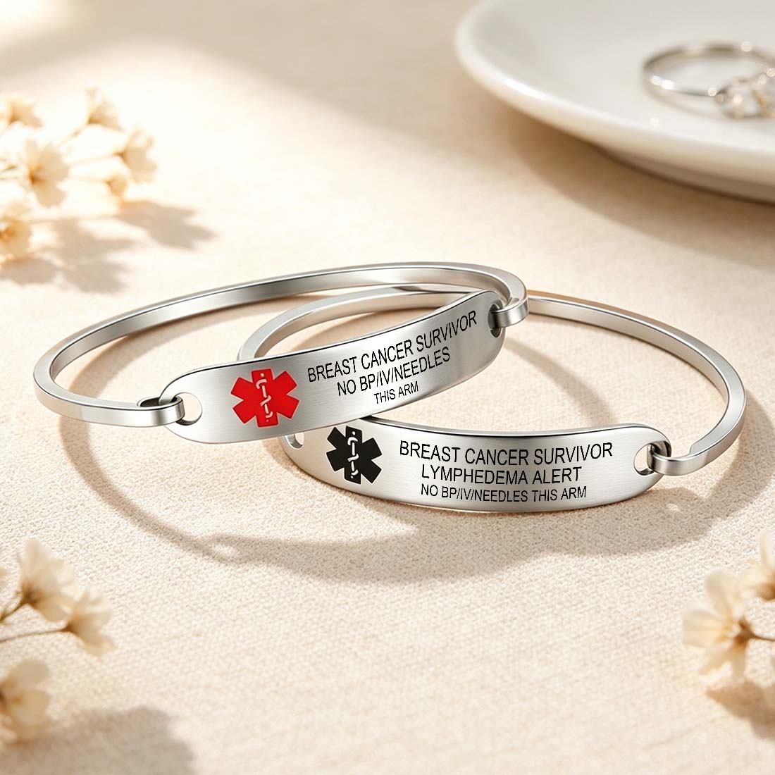 Personalized Star of Life Medical Alert ID Bracelet Emergency Jewelry Care Gift for Breast Cancer Woman