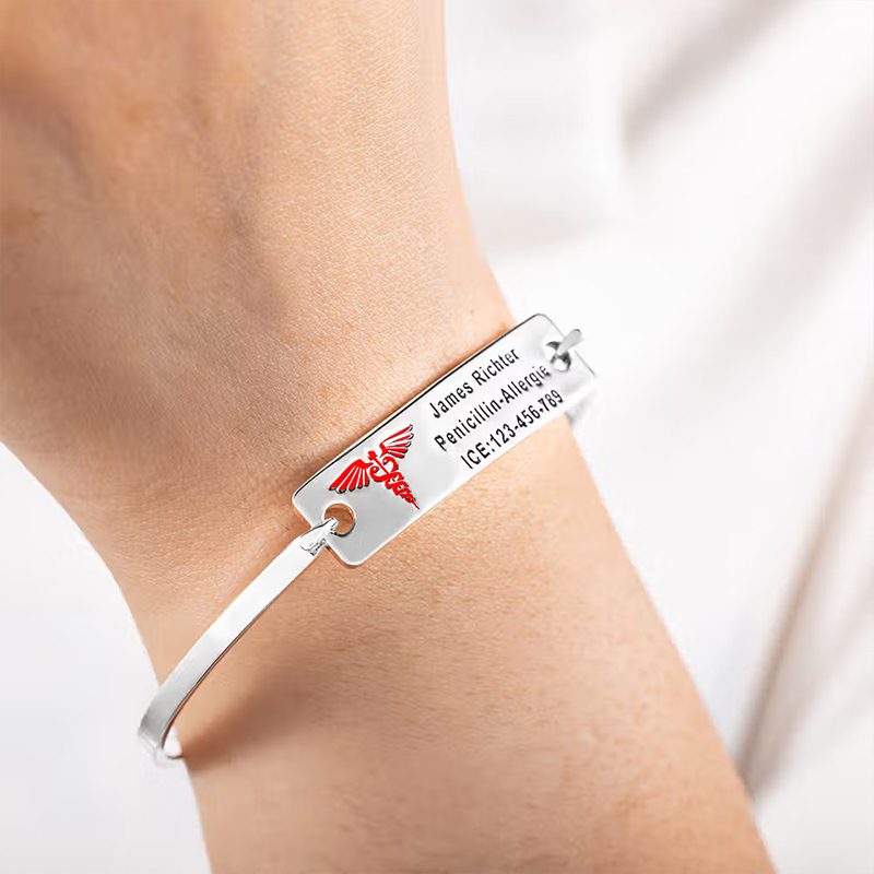 Personalized Engraved Star of Life Medical Symbol Emergency Alert ID Bangle Bracelet with Text Gift for Family Friend with Diabetic Allergy Autism