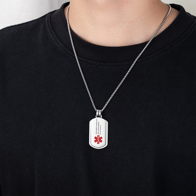Personalized Identification Medical Alert Symbol ID Tag Necklace with Engraved Texts Emergency Survival Birthday Gift for Family Friends