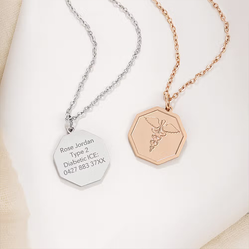 Personalized Engraved Medical Emergency Alert ID Octagon Necklace with Text and Star of Life Gift for Diabetic Allergy Autism Women Men Family Gift