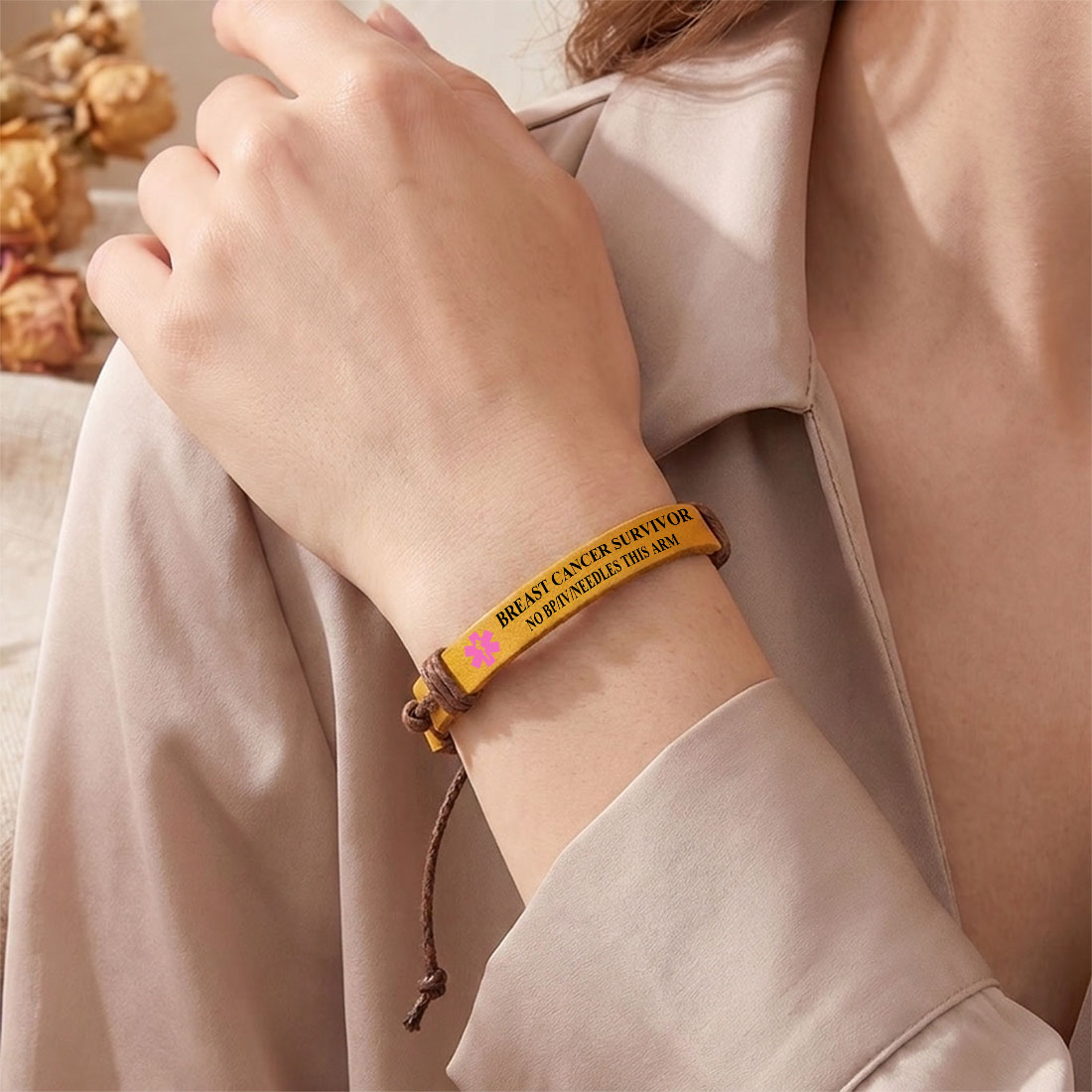 Personalized Star of Life Medical Alert ID Bracelet Emergency Leather Care Gift for Breast Cancer Woman