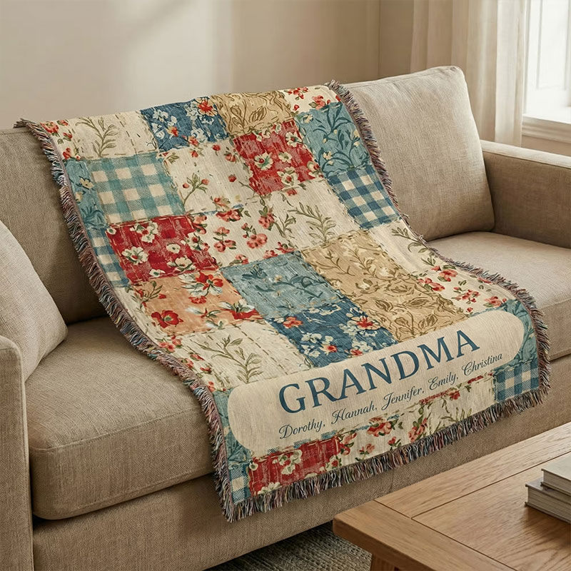 Personalized Vintage Flower Checkered Patchwork Tassel Soft Throw Blanket with Names and Title Mother's Day Birthday Gift for Grandma Mom