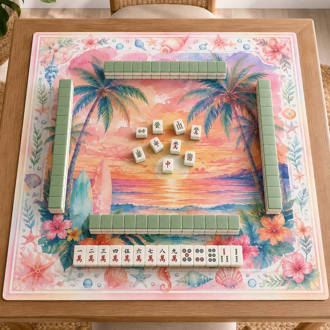 Tropical Sunset Mahjong Mat Watercolor Beach & Palm Tree Design Square Game Table Pad for Mahjong Cards & Board Games