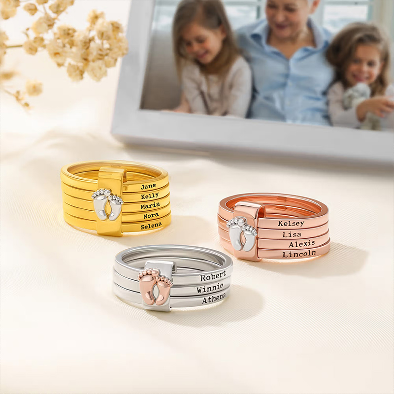 Personalized Foot Stacking Rings with Engraved 2-5 Names Family Jewelry Birthday Mother's Day Gift for Mom Grandma