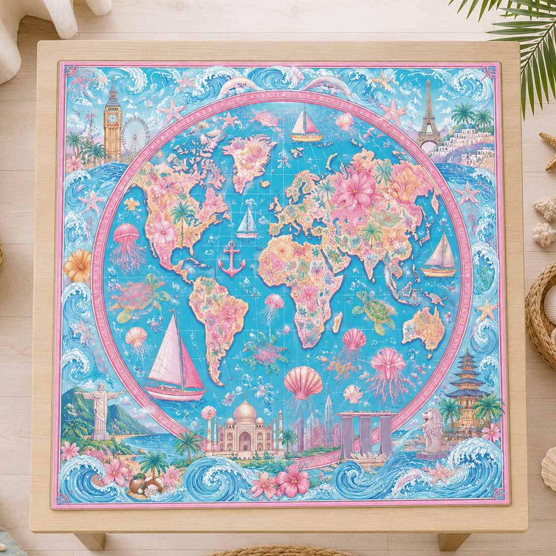 Around the World Mahjong Mat Watercolor Globe & Landmark Design with Floral Map Luxury Square Game Table Pad for Mahjong & Cards