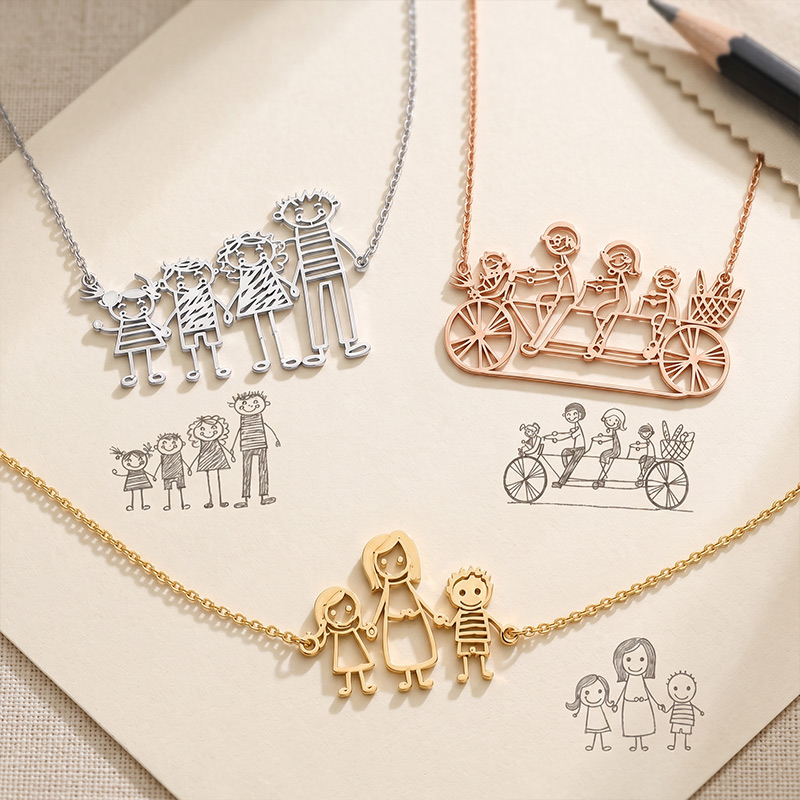 Personalized Actual Kids Drawing Necklace for Mom Grandma Custom Children Artwork Necklace Birthday Gift for Family Mother's Day Gift