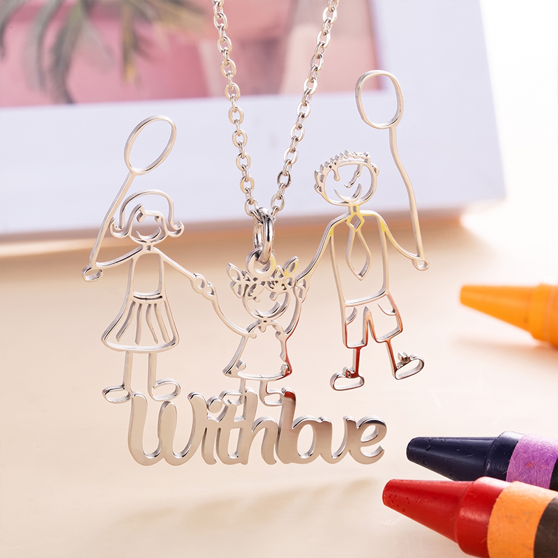 Personalized Children's Drawing Graffiti Necklace Gift for Mom Grandma Custom Kids Artwork Necklace Birthday Gift for Family Mother's Day Gift