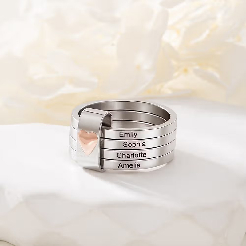 Personalized Sterling Silver Name Stacking Rings Custom Engraved 2-5 Bands with Heart Accent, Daily Wear Jewelry for Mom Grandma