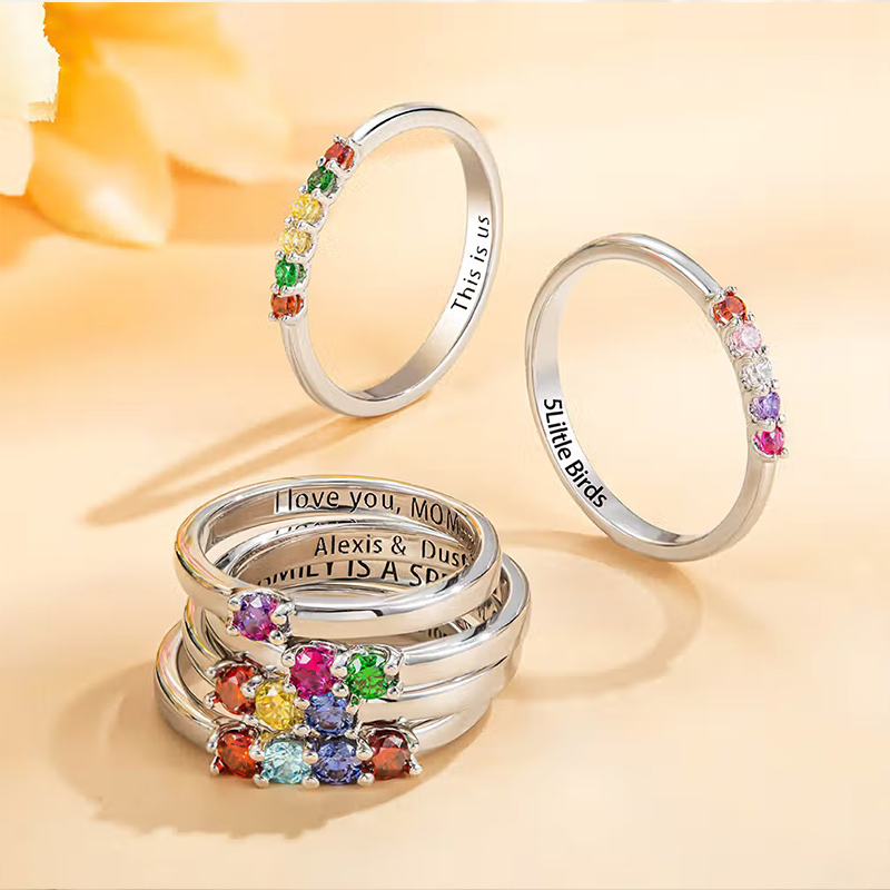 Personalized Elegant 1-8 Birthstones Ring with Engraved Text Custom Birthday Mother's Day Gift for Mom Grandma
