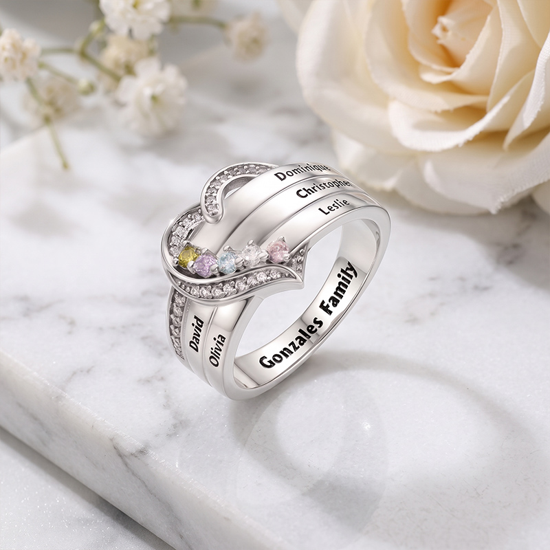 Personalized 1-8 Birthstones Heart Design Ring with Engraved Names Custom Family Jewelry Birthday Mother's Day Gift for Mom Grandma