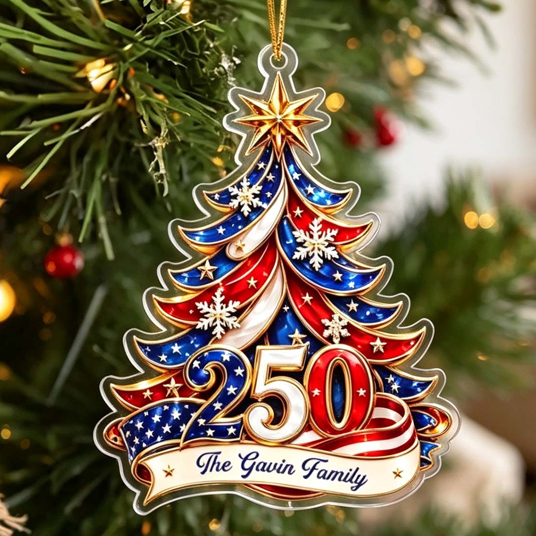 Personalized 250th America Star Snowflake Acrylic Christmas Tree Ornament with Name