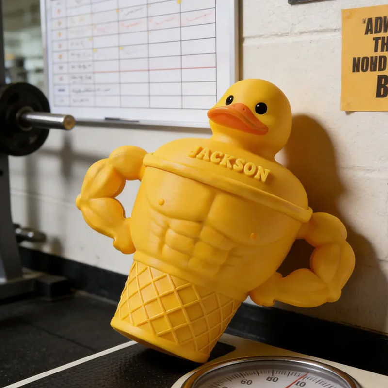 Personalized Funny Muscle Arm Duck Ice Cream Pint Holder 3D Printed Cozy with Spoon Slot Fitness Inspired Cozie Gym Gift Fuzzy Texture for Gym Lover