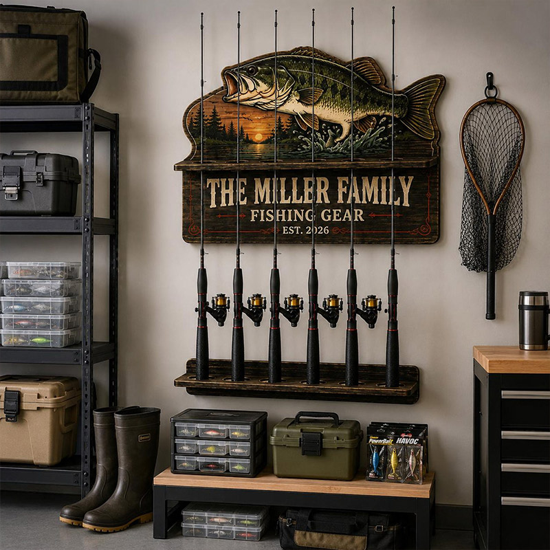 Personalized Bass Fishing Rod Holder Fishing Pole Rack Custom Fishing Gear Organizer Fisherman Gift for Dad Garage Cabin Wall Storage