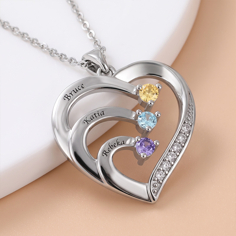 Personalized Family Heart Pendant Sterling Silver Necklace with 1-6 Engraved Names and Birthstones Mother's Day Birthday Gift for Mom Grandma