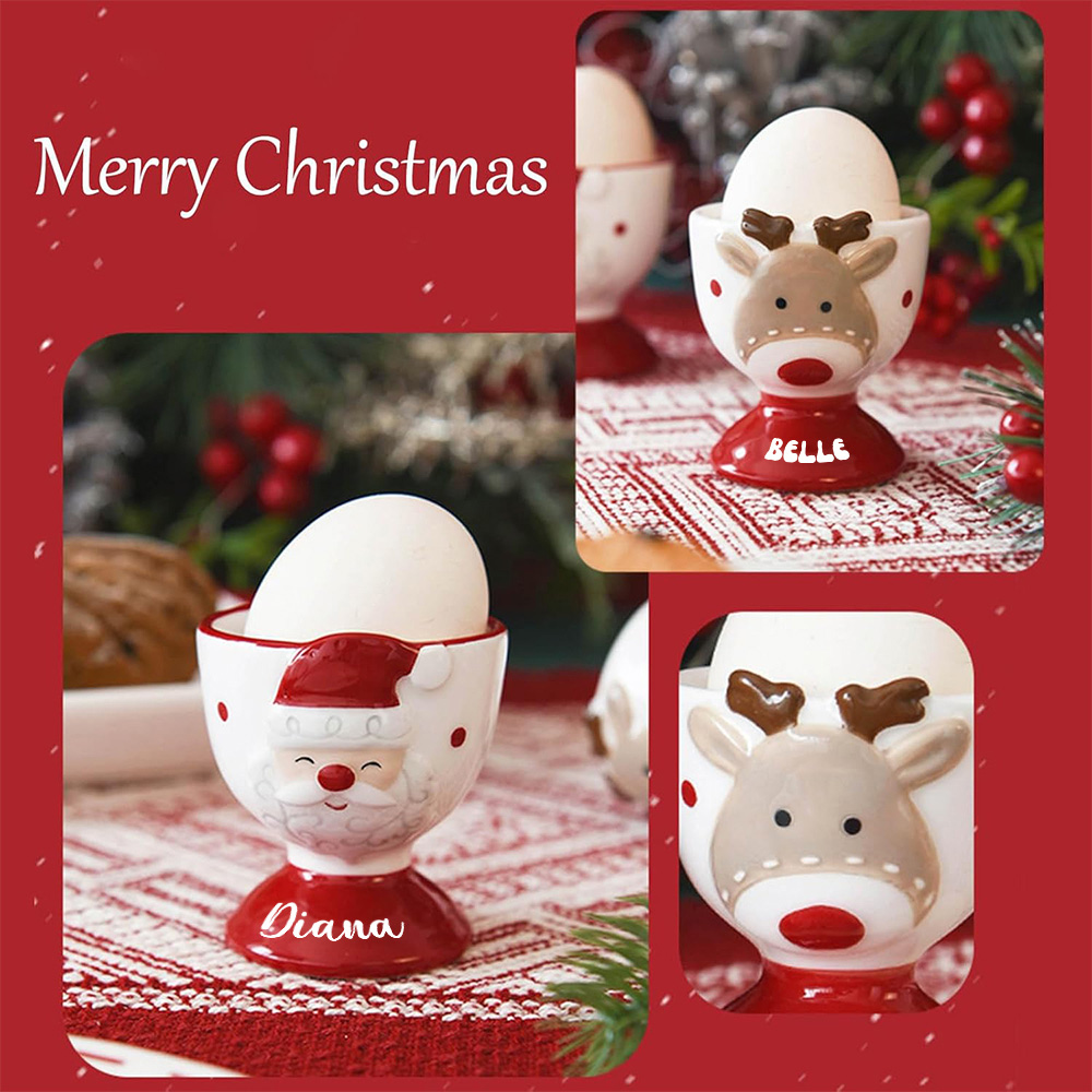 Personalized Christmas Egg Holder Wood Decor Custom Name Santa And Reindeer Breakfast Table Ornament Gift For Kids
