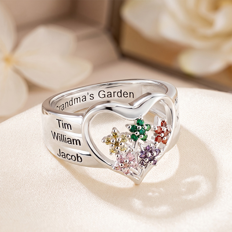 Personalized Grandma's Garden Birthstone Flower Family Ring with Engraved Names Birthday Mother's Day Gift for Grandma Mom