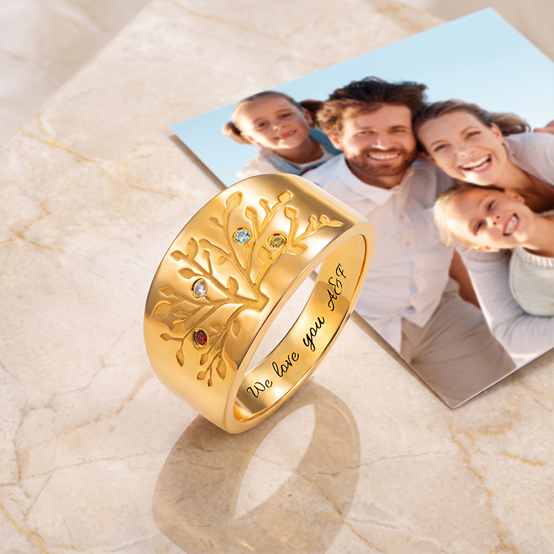 Personalized Family Tree Ring with Birthstones Custom Engraved Jewelry Gift for Mom Grandma Birthday Gift Mother's Day Gift