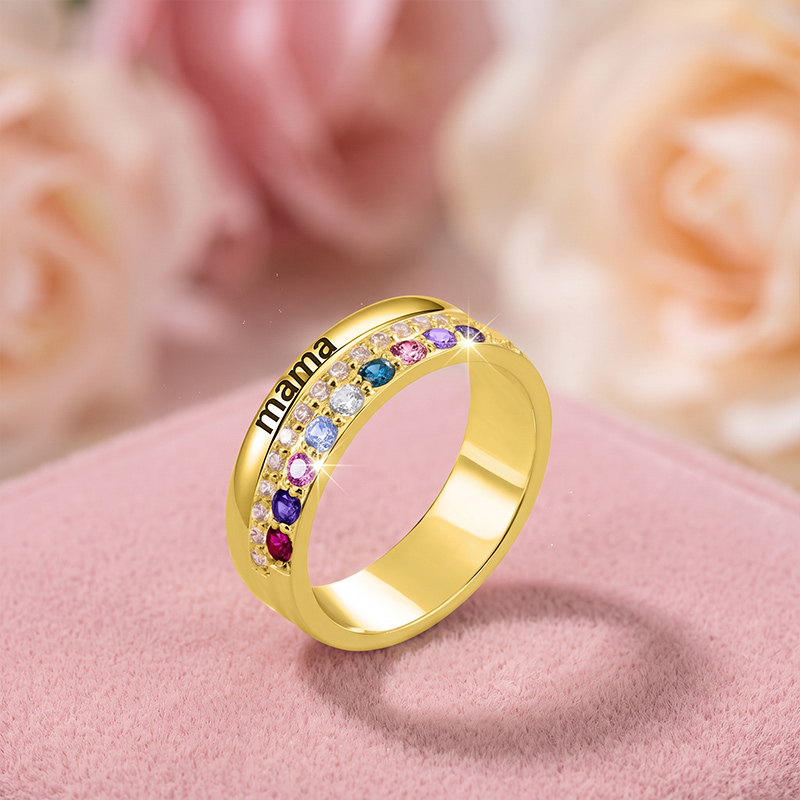 Personalized Family Zircon Ring with 1-10 Birthstones and Engraved Text Women Jewelry Birthday Mother's Day Gift for Mom Grandma
